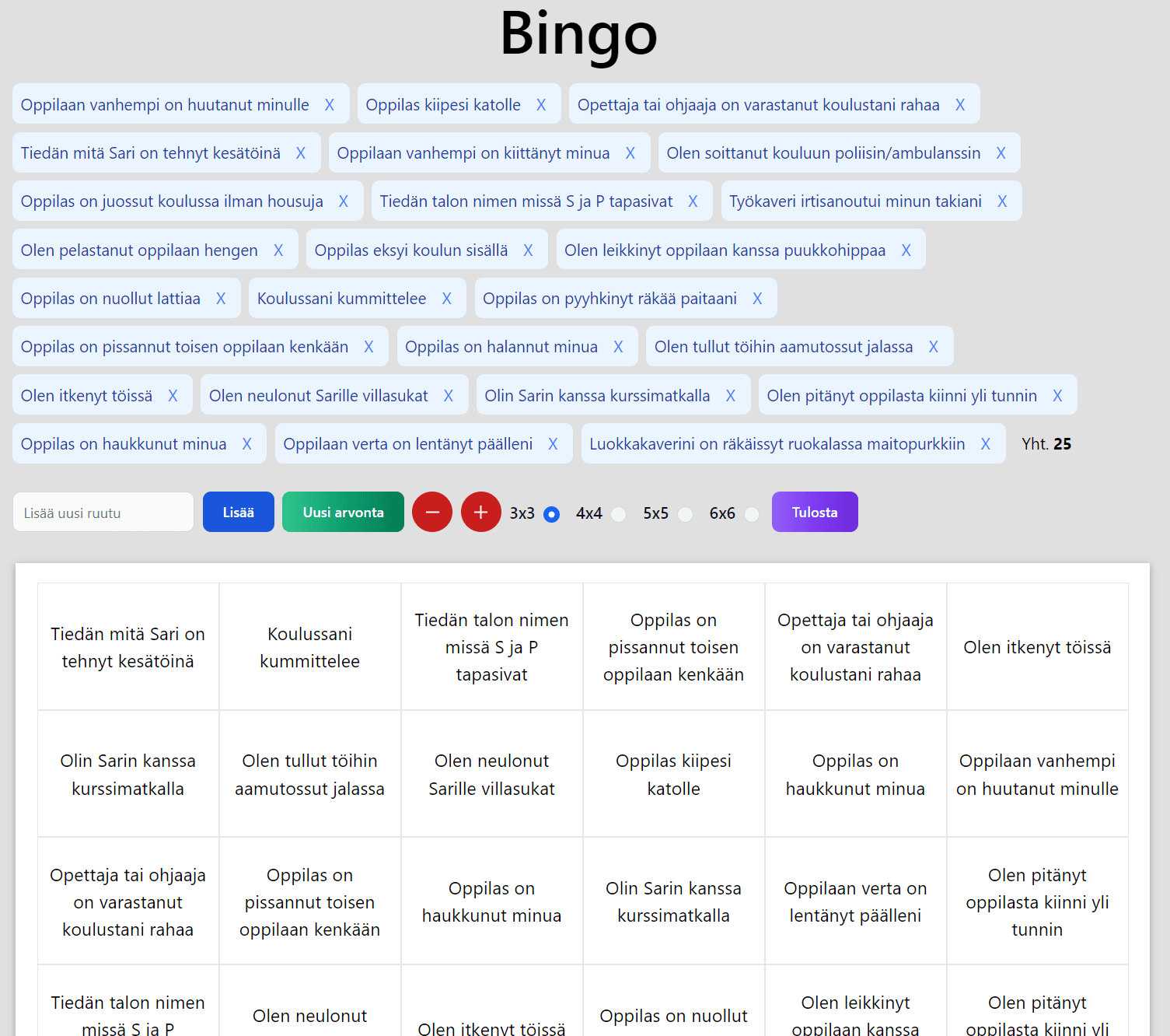 Esimerkki: erityisopetus-bingo.