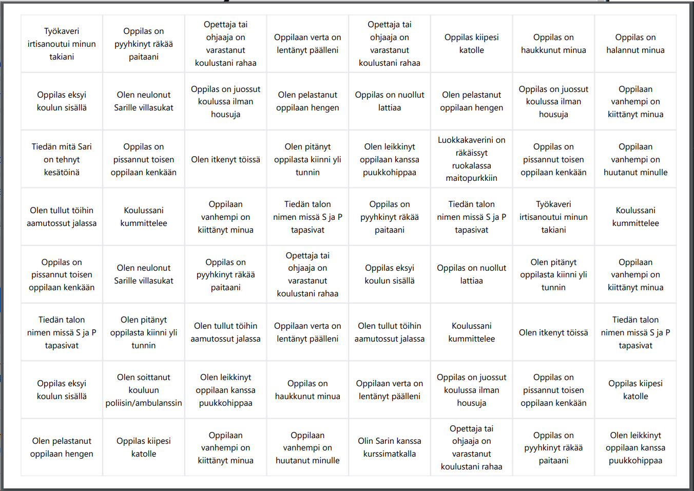 Tulostettu 4x4 bingo neljälle henkilölle